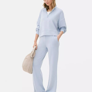 Nuevo diseño, logotipo personalizado, azul claro, cuello embudo, media cremallera frontal y puños ajustados y dobladillo, sudadera de gran tamaño con hombros caídos para mujer - Product Image 1