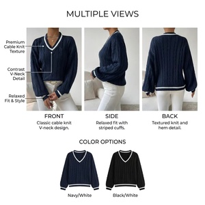 Suéter Clásico de Mujer con Cuello en V, Estilo Preppy, Tejido de Cable - Product Image 3