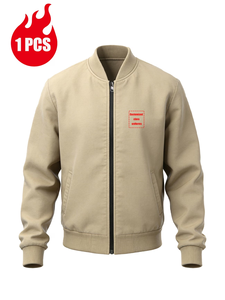 Unisex Beige Bomber Jacket Track Zipper Closure Stand Collar Casual Winter Wear Regular Fit Solid Color Waterproof Front - Product Image 2