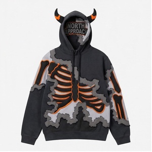 Sudadera con capucha extragrande para hombre North Approach con estampado de esqueleto y cuernos, diseño streetwear, negro, gris, naranja - Product Image 1