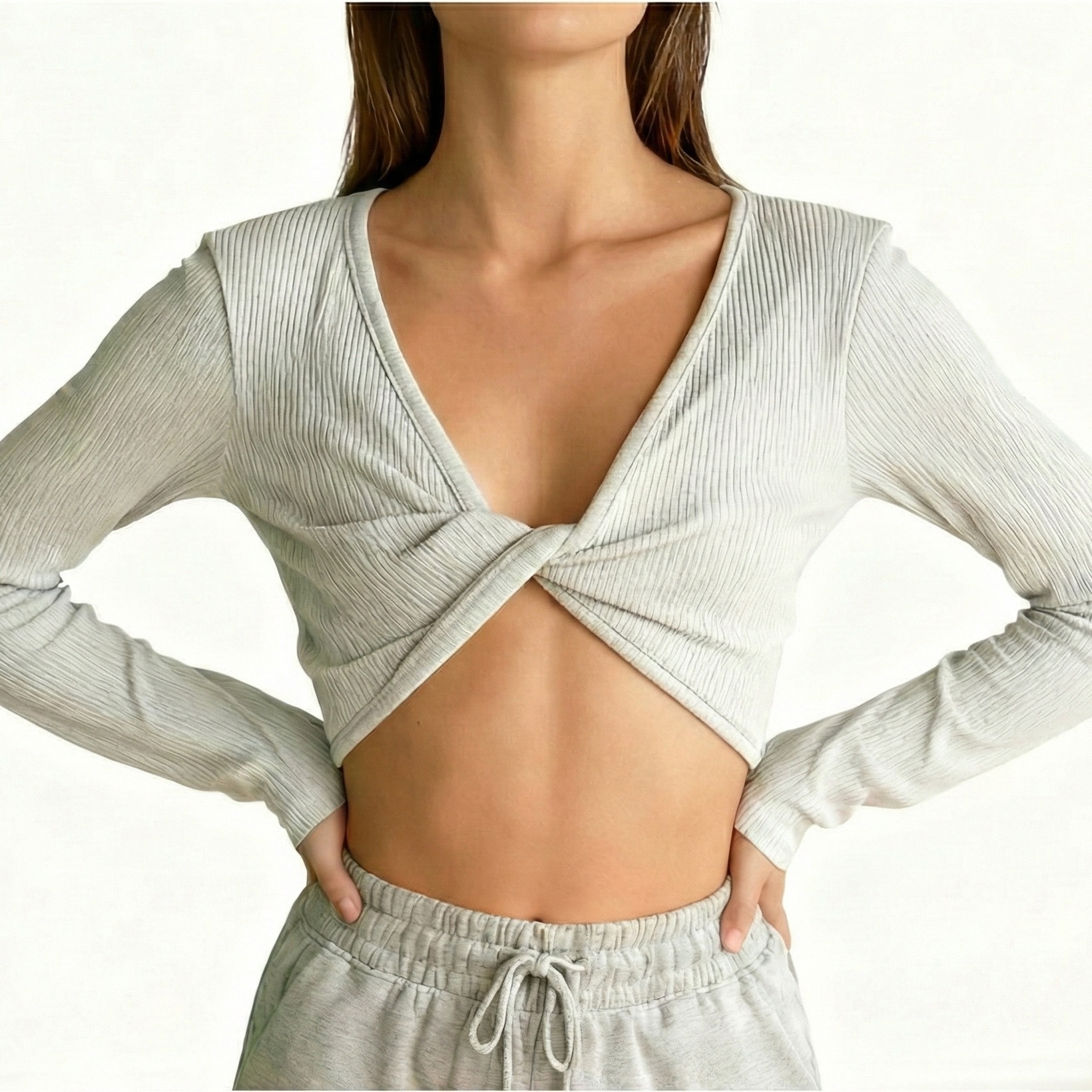 Women Breathable Ribbed Four-Way Stretch Long Sleeve Yoga Crop Top Deep V Neck Twist Front Knot Seamless T-shirt Gym Workout