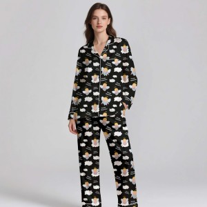 Pijamas de Seda Satén de Lujo Premium para Mujer 2025, Estampado Personalizado, Suaves y Transpirables, Manga Larga, Cintura Elástica, Conjunto de Ropa para Estar en Casa - Product Image 5