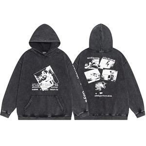 Sudadera con Capucha Negra de Corte Regular con Estampado Gráfico y Efecto Lavado Ácido, Sudadera Informal de Calle para Hombre, Sudadera de Algodón Tejido - Product Image 4