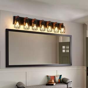 Industrial Vintage 7-<b>Light</b> <b>Wall</b> Sconce Black Cage with <b>Wooden</b> Accents for Bathroom Hallway Living Room-Bulb Not Included - Product Image 1