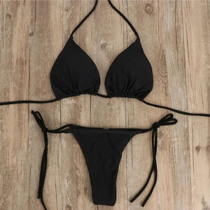 Conjunto de Bikini Negro para Mujer, Estilo Halter, Color Sólido, Tanga, Traje de Baño Elástico de Dos Piezas, Ropa de Playa - Product Image 1
