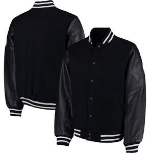 New <b>Royal</b> <b>Blue</b> Wool Black Leather College Bomber <b>Jacket</b> Stand Collar Varsity Letterman High Street Design Front Logo-for Winter - Product Image 5