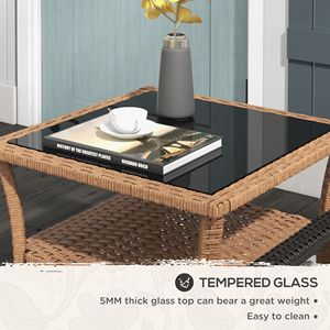 Tavolino da Esterno con Struttura in Alluminio a 2 Ripiani, Piano in Vetro Temperato, Tavolino da Caffè in Vimini, Arredamento da Patio in Rattan - Product Image 6