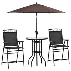 Set di 4 pezzi da giardino nero con ombrellone regolabile pieghevole tavolo in vetro e sedie per mangiare all'aperto - Product Image 1