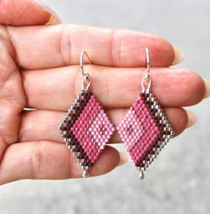 Handwoven Pink Diamond Seed Bead Dangle <b>Earrings</b> Geometric Boho Lightweight Handmade Statement Fashion Jewelry Gift For Women - Product Image 1