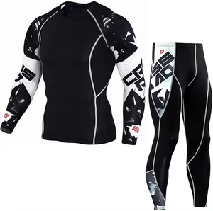 Conjunto de compresión negro para hombre, manga larga, cuello redondo, secado rápido, estampado con patrón animal, camiseta de manga larga y pantalones para todas las estaciones - Product Image 2
