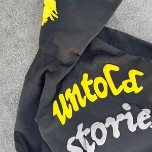 เสื้อฮู้ดดี้ทรงหลวมปักลายคุณภาพพรีเมียม พร้อมกราฟิกแบบกำหนดเอง ขอบแขนเสื้อแบบริบ ผ้าฝ้ายฟอกสีซีดแบบซันเฟด มีกระเป๋า - Product Image 3