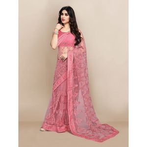 COLLECTION DE SOIRÉE TISSU SUPERNET AVEC BRODERIE TRAVAIL SAREE + BLOUSE NON COUDU ROSE - Product Image 1