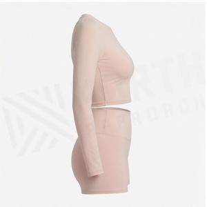 Conjunto de Yoga de 2 Piezas, Top Corto con Cuello Redondo y Manga Larga, Pantalones Cortos de Cintura Alta, Color Sólido, Sin Costuras, Elástico, Ropa Deportiva para Mujer - Product Image 1