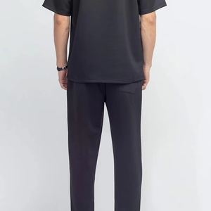 Ensemble de survêtement décontracté pour homme, noir, à séchage rapide, t-shirt à manches courtes, col rond, pantalon long, poches latérales, léger, été - Product Image 3