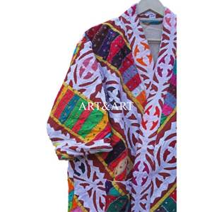 Robe Kimono Courte Bohème en Coton Brodé Fait Main Indien pour Femme – Élégante Tenue de Plage et de Nuit, Col en V, Longueur Genou, Manches Longues, Ceinture - Product Image 2