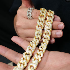 Men's Rhodium Plated 18k <b>Solid</b> <b>Gold</b> Cuban Chain Necklace with Crystal Rhinestone Inlay Classic Geometric Wedding Jewelry - Product Image 2