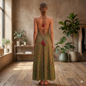 Green Floral Print V-neck Halter Maxi Dress <b>Boho</b> Style Sleeveless A-Line Loose Fit Autumn Casual Woven Rayon Eco-Friendly Tassel - Product Image 4