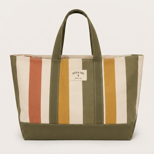 Multi Stripe Cotton <b>Canvas</b> Vintage Tote Bag Eco Friendly Large Capacity Custom Size Olive Green Trim Shoulder Handbag Reusable - Product Image 2