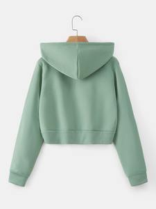 Sudadera con capucha corta verde personalizada para mujer, de algodón y forro polar, ligera, estilo urbano, informal, lisa, de corte ajustado, para invierno - Product Image 2