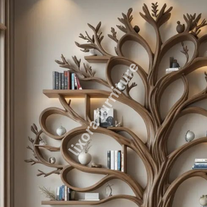 Luxury Handcrafted <b>Solid</b> <b>Wood</b> Tree Shaped Wall Mounted Floating Bookshelf Artistic Display Rack - Product Image 2