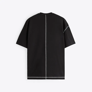T-shirt en tricot noir surdimensionné pour homme, manches courtes, col rond, bordure contrastée, couleur unie, style minimaliste normcore, longueur longue - Product Image 3
