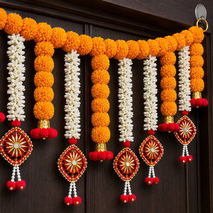 Orange Marigold Toran with White Floral Strings and Ganesha Idol Decorative Puja Backdrop for Festival <b>Home</b> Entrance Decor - Product Image 3
