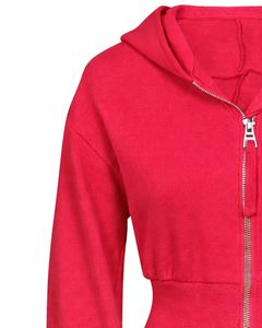 Womens Red <b>Cropped</b> <b>Zip</b> <b>Up</b> Hoodie Slim Fit Long Sleeve Casual Streetwear Cotton Fleece Sweatshirt Custom Logo ODM Factory - Product Image 3