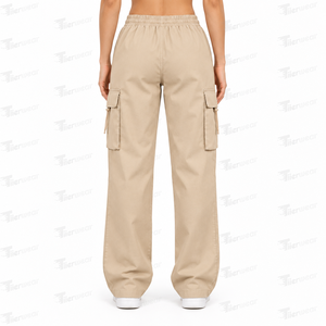 Pantalones cargo beige de cintura alta con cordón para mujer, corte holgado, estilo urbano, pantalones largos, pantalones cargo para mujer - Product Image 4