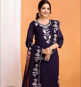 Ensemble de costumes pour femmes en soie Vichitra brodée, vêtements ethniques de luxe pour les occasions spéciales, couleurs violet, bleu, rose, vente en gros, boutique, achat en gros - Product Image 2