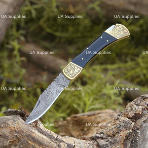 UA Supplies Industrial Grade Damascus Steel Folding Pocket Knife Hand Engraved Brass Bolster Handmade Micarta Handle OEM Private - Product Image 4