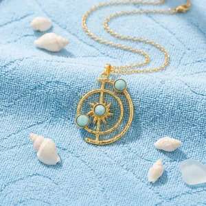 Collar con Colgante de Larimar Natural, Sistema Solar Sol y Luna, Chapado en Oro de 18K, para Mujer, Estilo Budista, Moderno, Superventas - Product Image 1