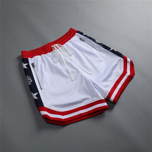 Pantalones Cortos Deportivos a Rayas Blancas, Rojas y Azules para Hombre, Cintura con Cordón, Bolsillos con Cremallera, Transpirables, de Poliéster Tejido, de Longitud Media - Product Image 3