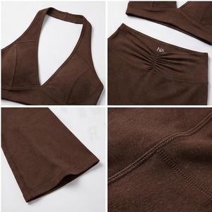 North Approach 2 Piece Yoga Set Deep V Halter Crop Top High Waist Full Length <b>Flared</b> <b>Leggings</b> Solid Brown Breathable Seamless - Product Image 4