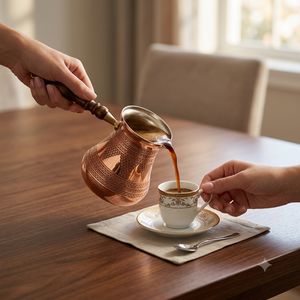 หม้อกาแฟตุรกีทองแดงลายลูกไม้สามเหลี่ยมสลักลายจากโรงงาน ฐานกลม ใช้กับเตาแก๊ส พร้อมด้ามจับไม้ - Product Image 4