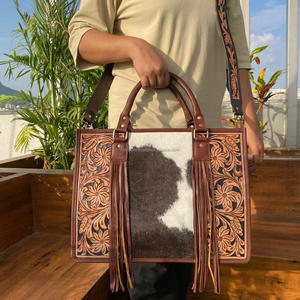 Western Hand Tooled Leather Tote <b>Bag</b> Hair on Cowhide Concealed Carry Crossbody Purse for Women's Genuine Leather <b>Laptop</b> Handbags - Product Image 3