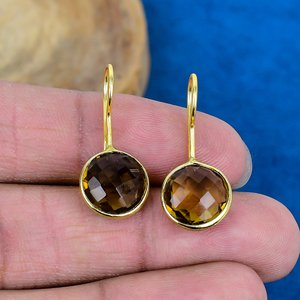 Natural Handmade Smokey Quartz Round Shape Gemstone Hook Earrings 18k Micron Gold Over 925 <b>Sterling</b> <b>Silver</b> - Product Image 2
