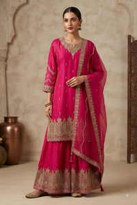 Conjunto de traje Sharara clásico en línea A de georgette rosa fucsia con bordado 100% seda, largo hasta el suelo, para mujeres embarazadas - Product Image 1