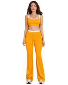 Women Mustard Yellow <b>White</b> Contrast Sports Bra And Flare Pants Set High Waist Stretch Yoga Fitness Gym Wear Custom OEM Wholesale - Product Image 1