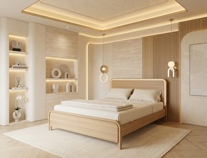 Modern Solid Wood Platform <b>Bed</b> <b>Frame</b> <b>Queen</b>/King <b>Size</b> Lighted Headboard USB-C Charging Ports Eco-Friendly Natural Wood Color - Product Image 6