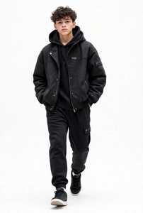 Ensemble de survêtement à capuche en coton noir pour garçons, coupe ample, style streetwear, veste zippée, pantalon cargo jogger, coupe-vent pour l'automne - Product Image 1