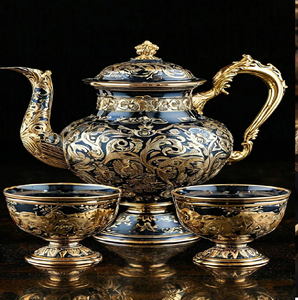 Service à thé en métal gravé noir et or royal avec tasses sur piédestal. Design vintage élégant. Disponible aux prix de gros. - Product Image 1