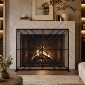 Protector de Chimenea Metálico Geométrico Sunburst con Malla Fina y Marco de Acero Resistente, Protector de Hogar Independiente - Product Image 1