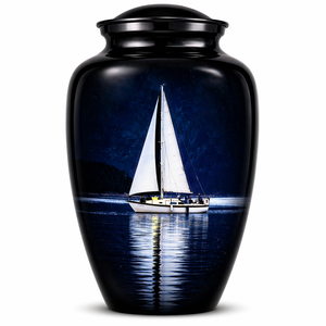 Beautiful Nature Blue Ocean white Boat Sticker with Enamel Memorial Cremation Urn for Adults Human Funeral Ashes - Product Image 1