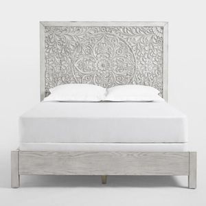 Luxury Handcrafted Solid Wood Bed <b>Frame</b> Ornate Mandala Floral Carving <b>Antique</b> White Wash Finish - Product Image 1