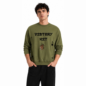 Custom Mens Distressed Crewneck Sweatshirt Vintage Ripped Pullover Streetwear Casual Cotton Blend Hoodie Style Top - Product Image 5