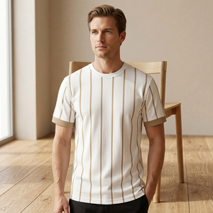 Men's Casual Short Sleeve Striped Knitted <b>T</b>-<b>Shirt</b> O-Neck Regular Fit Contrast Trim Eco-Friendly Cotton Breathable Machine Front - Product Image 5