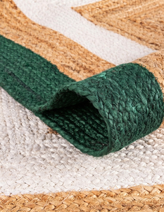 Alfombra Rectangular Hecha a Mano de Yute Natural con Borde Verde y Blanco, Ecológica, para Sala de Estar Estilo Rústico - Product Image 3