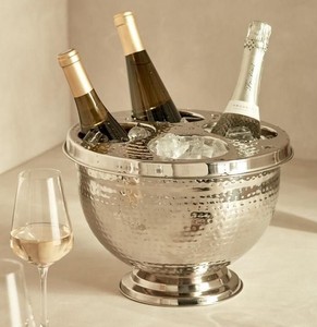 Cubo de Hielo de Acero Inoxidable Martillado con Tapa, Enfriador de Vino Redondo Aislado con Capacidad para 4 Botellas, Ideal para Fiestas - Product Image 1