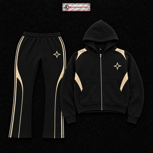 Ensemble de survêtement noir personnalisé pour homme, sweat à capuche zippé intégral, panneaux contrastants beiges, pantalon évasé, ensemble deux pièces de sport, vente en gros OEM Streetwear - Product Image 5