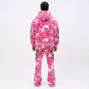 Men's <b>Pink</b> Camouflage Hooded 100% Cotton Heavyweight Tracksuit Set Black <b>Green</b> Flame Print Full Sleeve Streetwear Sweatshirt - Product Image 2